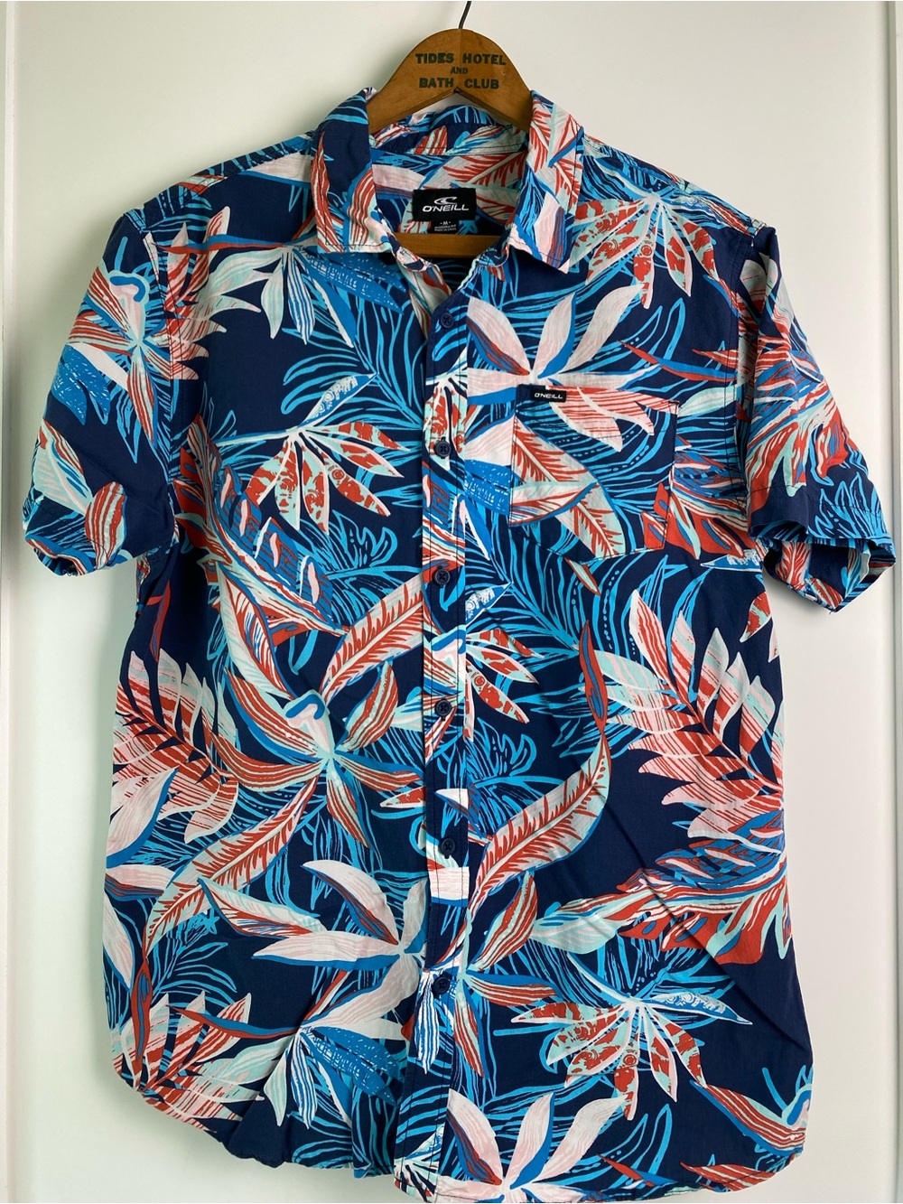O'Neill Navy Tropical Leaf Print Short Sleeve Button-Up Shirt